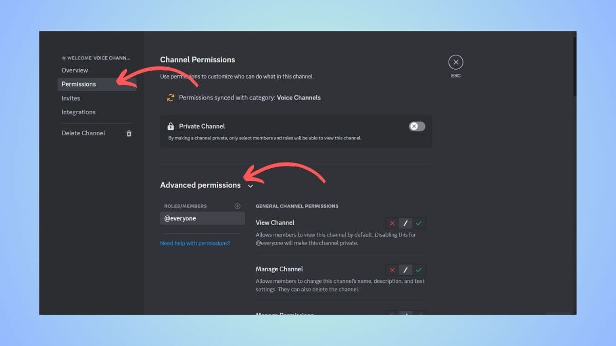 welcome channel permission settings
