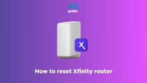 White Xfinity router with an informational guide overlay on how to reset the Xfinity router.