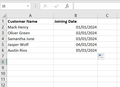 A spreadsheet with a customer name and an autofilled date.