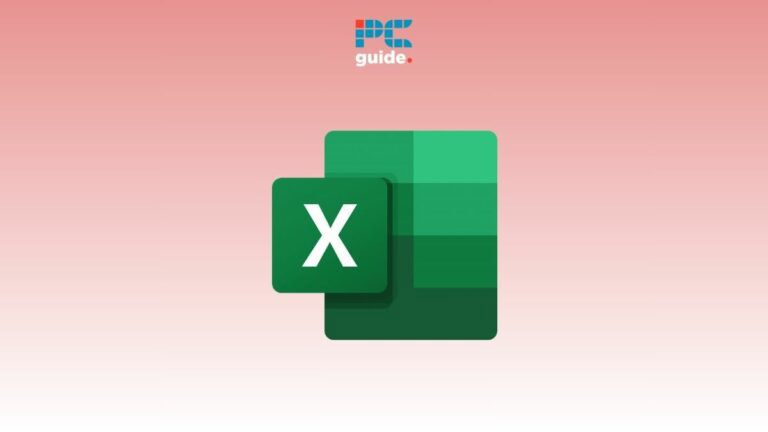Logo of Microsoft Excel featuring a large green "x" on a set of green tables, with "pcguide" logo in the top left corner on a pink background.