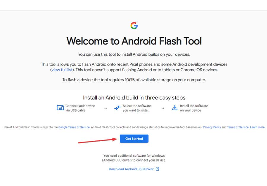android flash tool webpage and get started option