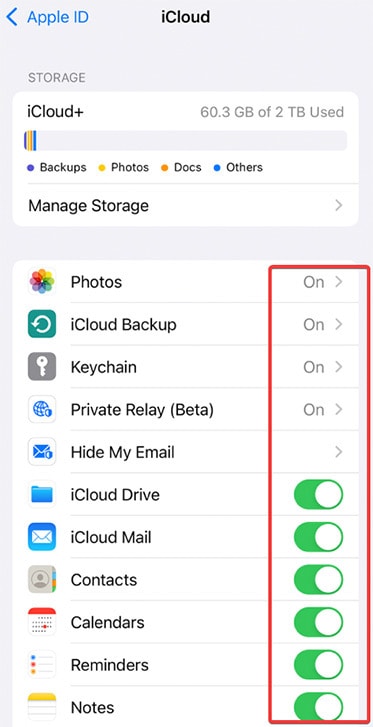 sliders or toggles for data backup on iCloud