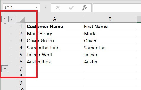 How to group rows in Excel to create a customer name.