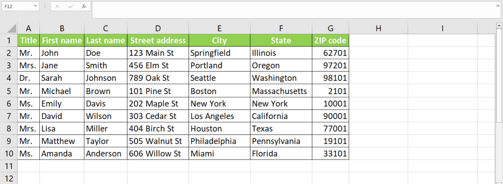 A screenshot of a spreadsheet in excel showing how to print address labels.
