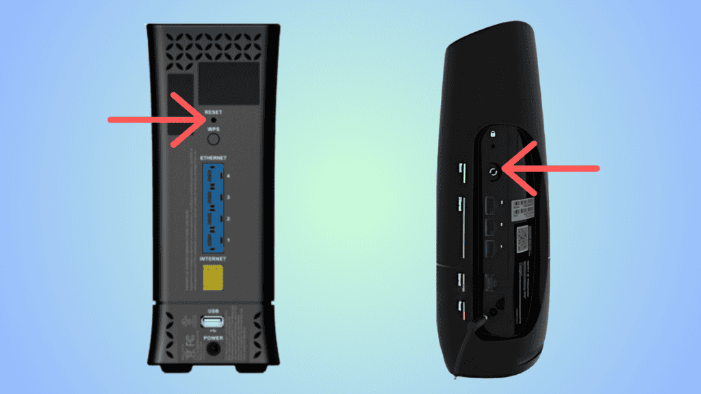arrows showing the location of reset button on spectrum routers