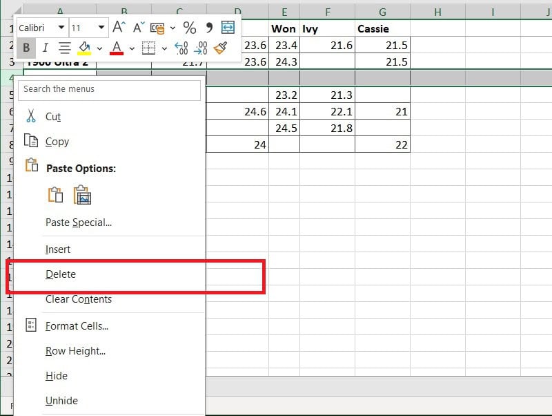 Screenshot of an Excel spreadsheet showing numerical data and a pop-up menu with the "Delete Row" option highlighted.