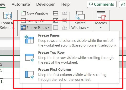 Excel screenshot displaying an open 'freeze panes' dropdown menu with options to freeze multiple rows, first column, or panes highlighted.