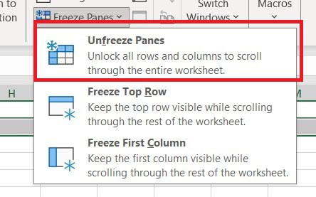 Screenshot of Excel showing how to "freeze multiple rows" using the "view" menu to allow scrolling through other parts of the worksheet.