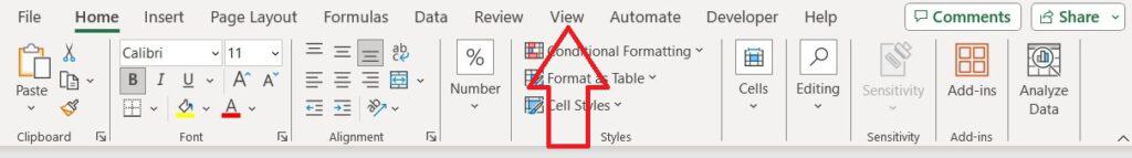 Screenshot of Microsoft Excel toolbar focused on the "freeze multiple rows" option under the View tab.