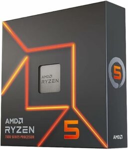 A boxed AMD Ryzen 5 7600X processor, featuring prominent branding and an orange geometric design on a dark background.