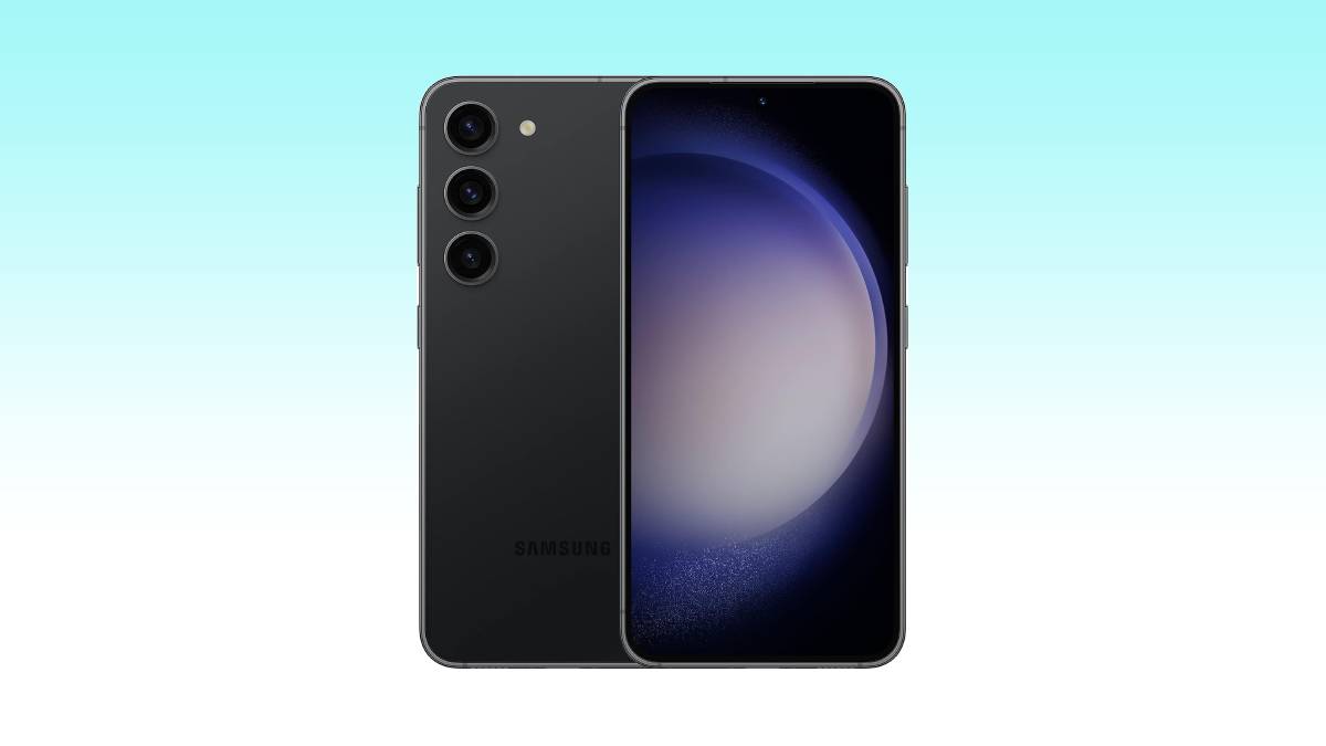 The Samsung Galaxy A20 is shown on a blue background as part of Cyber Monday Samsung phone deals.