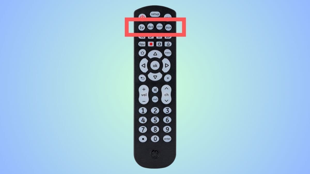 GE universal remote with four device buttons highlighted