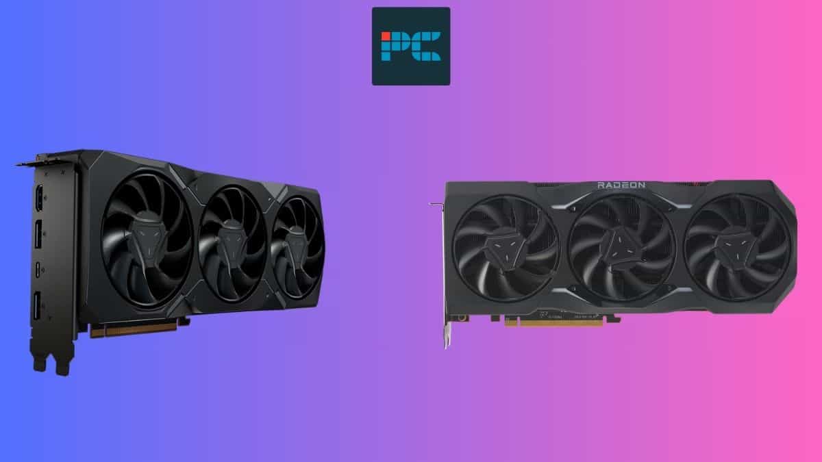 Two graphics cards, the 7900 XTX and the 7900 XT, with triple-fan designs against a split blue and pink background.