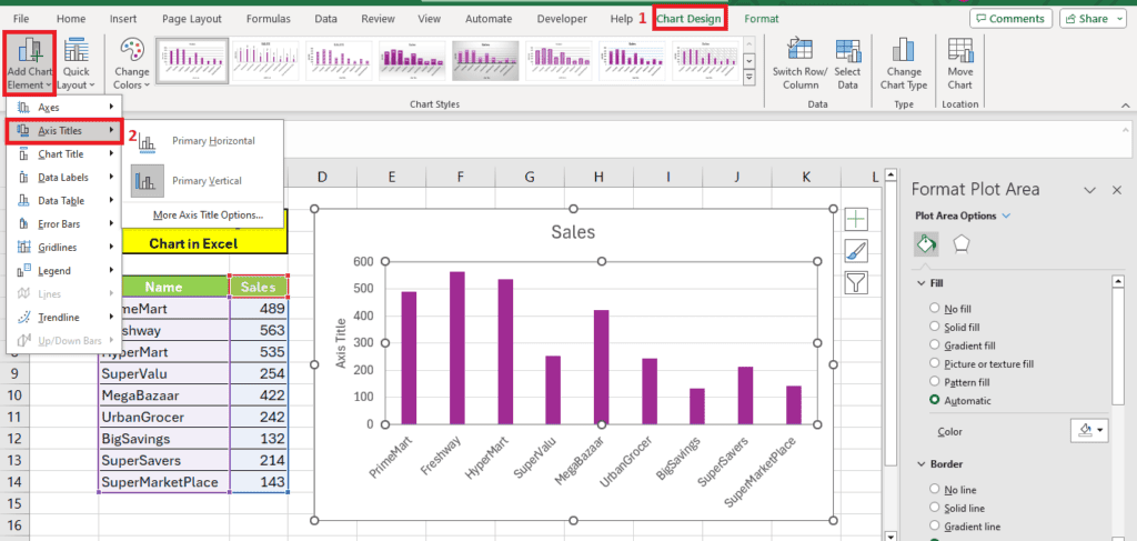 A screenshot of a Microsoft Excel program with an open spreadsheet showing a bar chart titled "sales", and data for various stores in columns A and B. The 'Chart Tools' design tab is active,