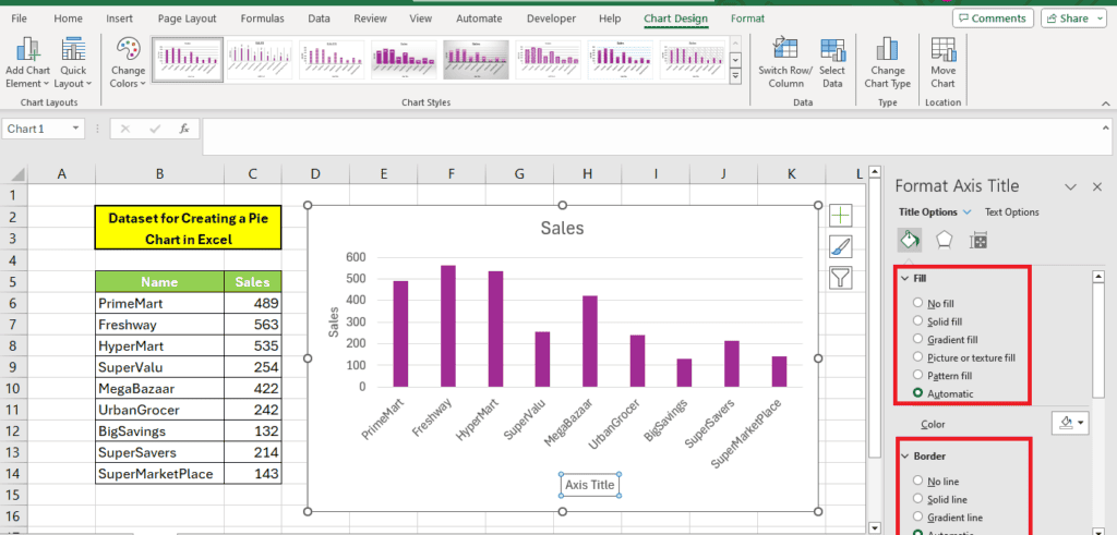 A screenshot of Microsoft Excel showing a datasheet and a corresponding bar chart, with the 'label axis in Excel' options panel opened on the right side.