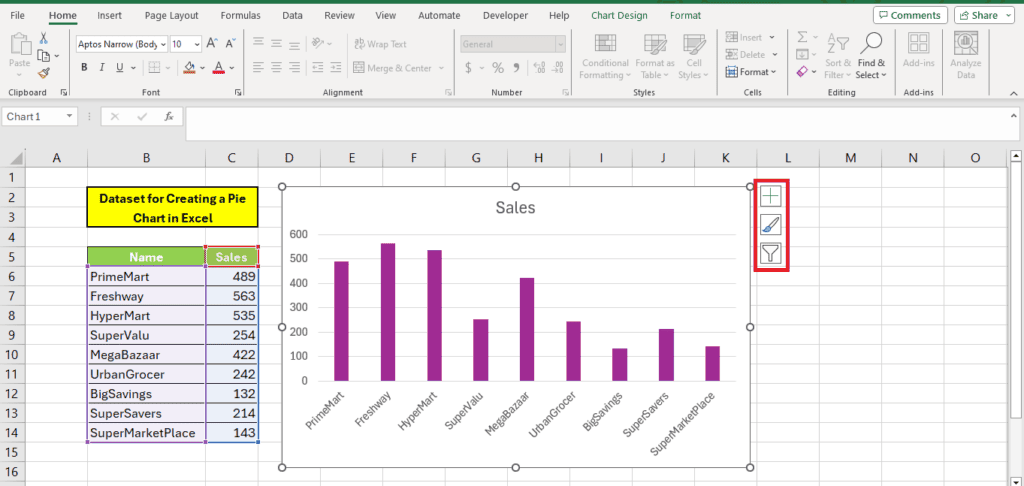 A screenshot of a Microsoft Excel spreadsheet displaying a bar chart titled 'sales' with data points for eight different stores and a label axis in Excel with formatting options highlighted.
