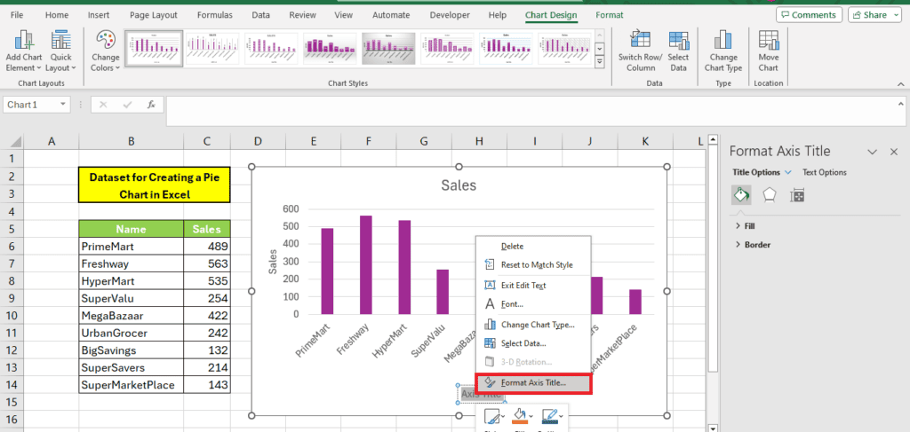 A screenshot of Microsoft Excel showing a dataset for creating a pie chart with the context menu open on a bar chart, demonstrating an option to label axis selected by the mouse cursor.