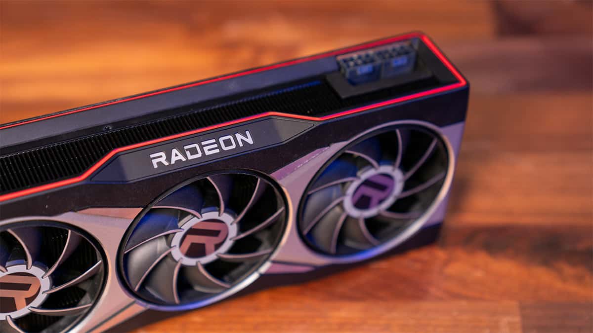 Close-up of an AMD Radeon RX 6800 XT graphics card with dual fans.