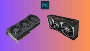Two different models of graphics cards, the RX 7900 XTX vs RX 6900 XT, are displayed against a split purple and orange background.