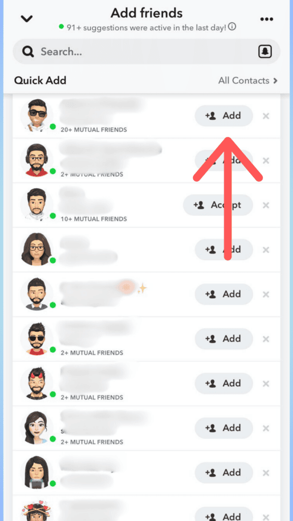 Screenshot of a "mutual friends" page on Snapchat, showing avatars, names, and 'add' buttons next to each contact, with a red arrow pointing to one of the