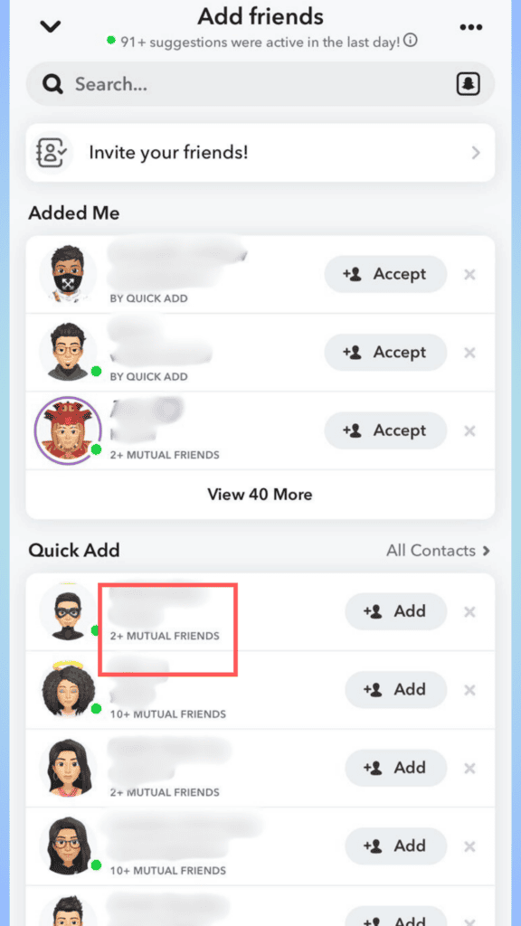 Screenshot of a social media "add friends" page on Snapchat showing new friend requests, quick add suggestions with mutual friends count, and 'add' buttons.