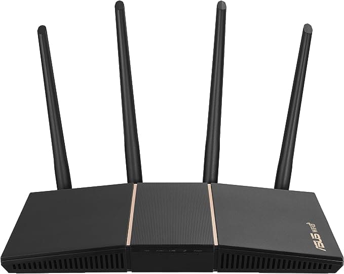 Black ASUS WiFi 6 router with four vertical antennas and a central copper band on a plain background.