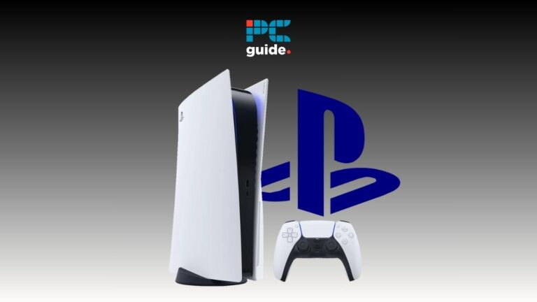 The playstation ps4 and ps4 pro are shown next to each other, showcasing their differences. Image shows the Playstation 5 on a grey background below the PC guide logo