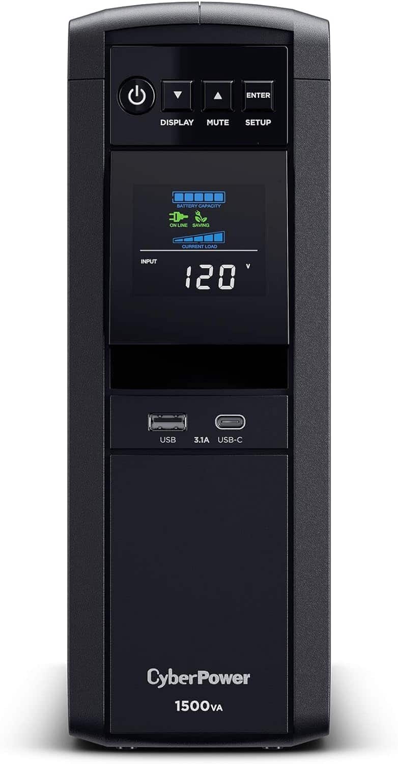 Front view of a CyberPower CP1500PFCLCD PFC Sinewave UPS showing its control panel with buttons for power, display, mute, and setup, an LCD screen displaying 120V input, and USB ports.
