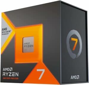 Product packaging of an AMD Ryzen 7 7800X3D processor featuring 3D V-Cache technology, with an orange and black color scheme.