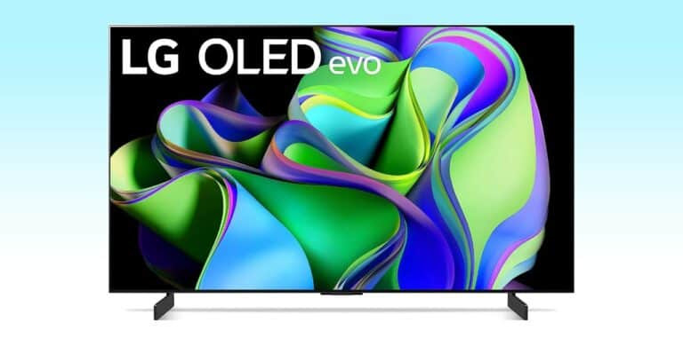 The best 43-inch LG OLED Evo TV is shown on a white background.