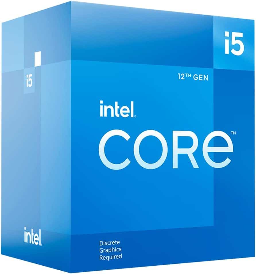 A blue Intel Core i5-12400 12th Gen processor box with text indicating "Discrete Graphics Required.