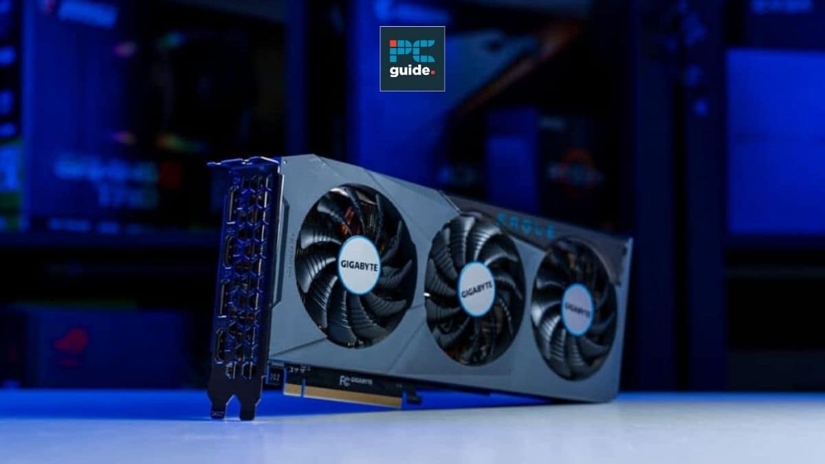 A Gigabyte RTX 4070 vs graphics card positioned against a blue-lit background