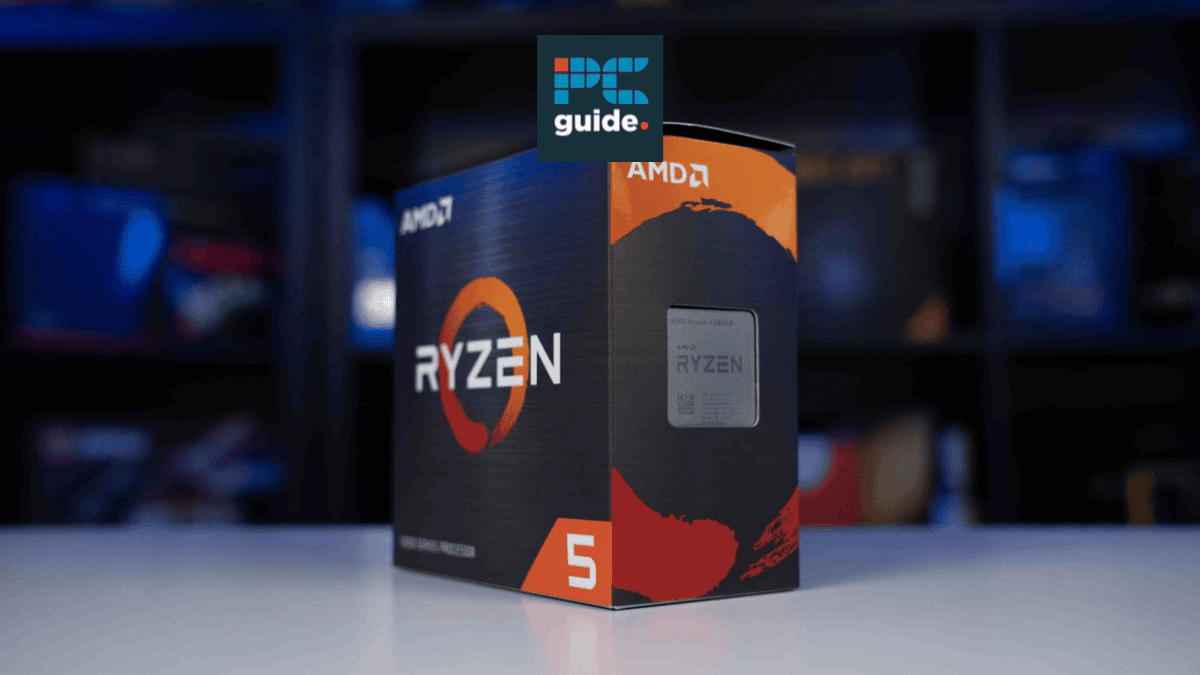 The image shows a Ryzen 5000 series CPU below the PC guide logo