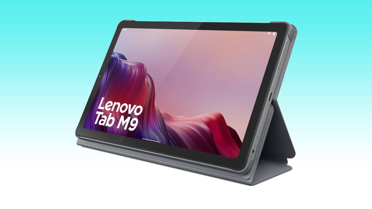 The Lenovo Tab M10, one of the best Android tablets under $200, is sitting on top of a stand.