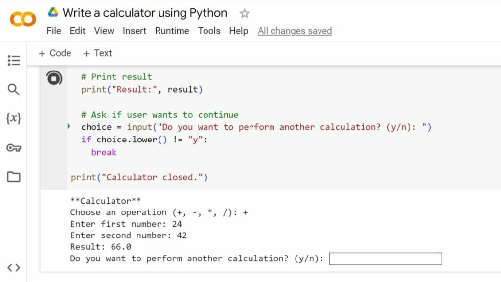 A calculator program created by Google Gemini with Python.