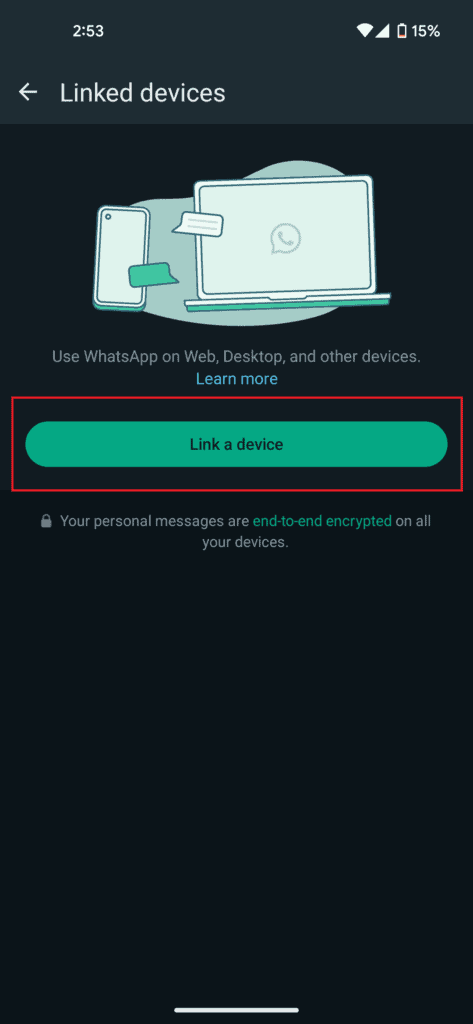 A screenshot of the 'linked devices' feature in the WhatsApp application with an option to 'install WhatsApp' on another device and a note about end-to-end encryption of personal messages.