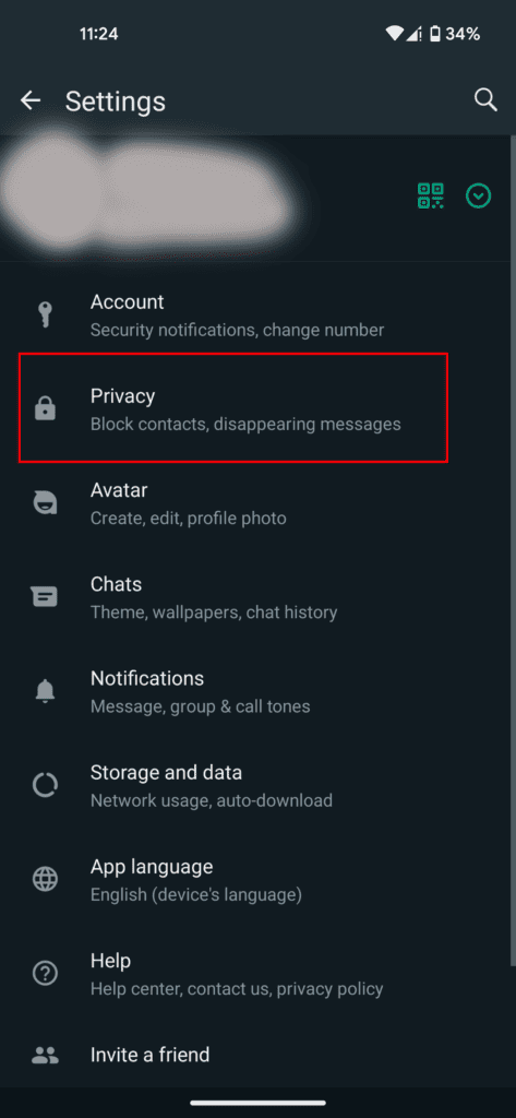 A screenshot showing the privacy settings option highlighted within WhatsApp's settings menu, illustrating how to block someone.