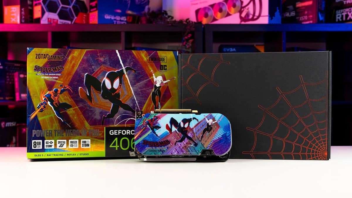 A limited edition Spider-Man-themed RTX 4060 Ti graphics card in front of its original packaging.