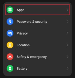 Phone settings menu showing options for "apps," "password & security," "privacy," "location," "safety & emergency," and "battery." How To Uninstall WhatsApp