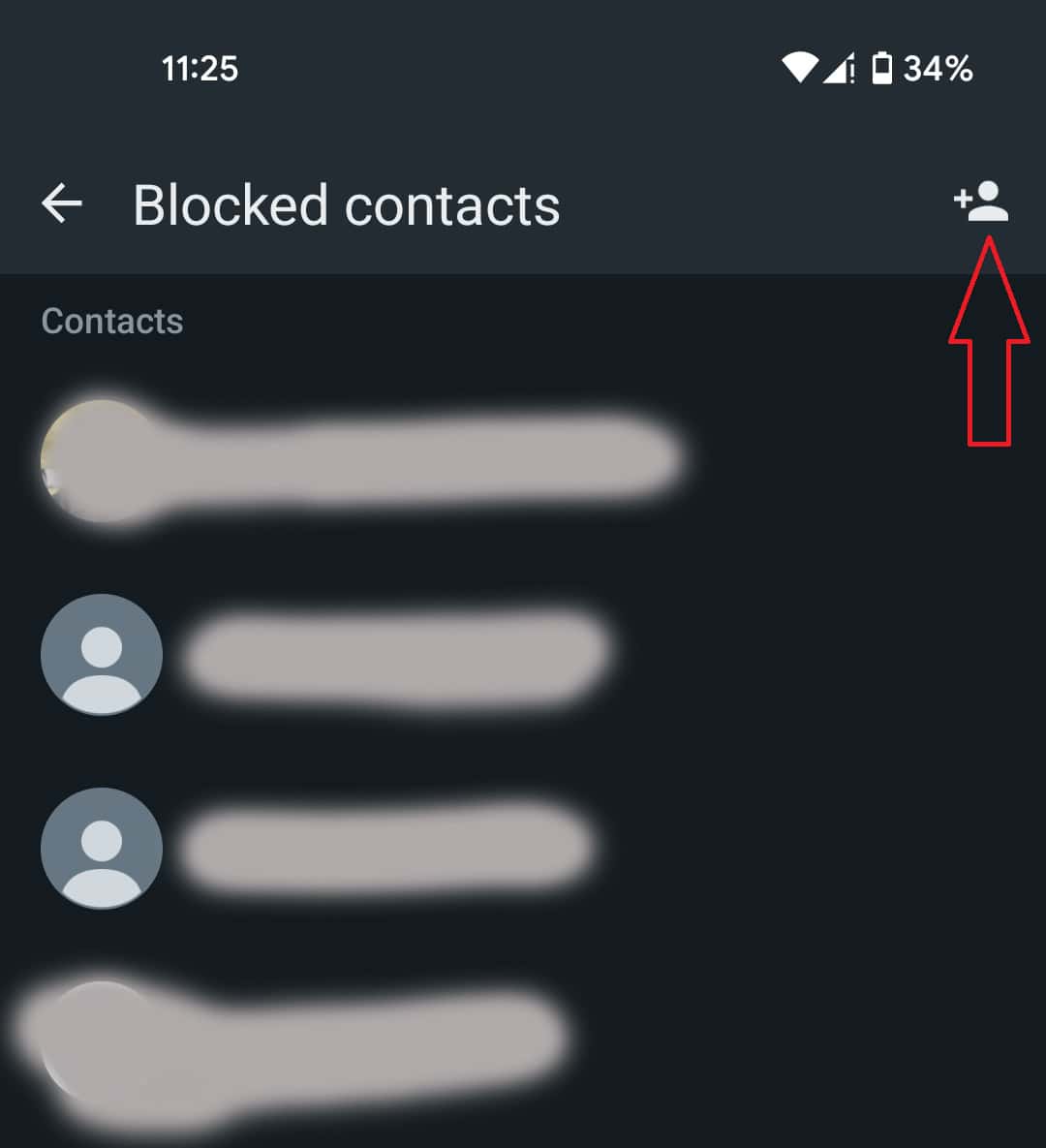 Screenshot of a smartphone interface displaying how to block someone on WhatsApp, with an arrow pointing to an 'add' icon.