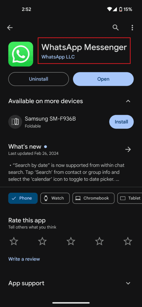 Screenshot of the install WhatsApp messenger app page on the Google Play Store on a Samsung smartphone.