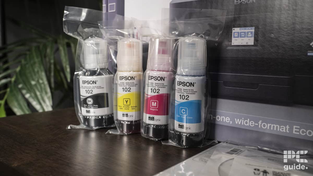 Epson ET-15000 Printer Ink bottles, Image by PC Guide