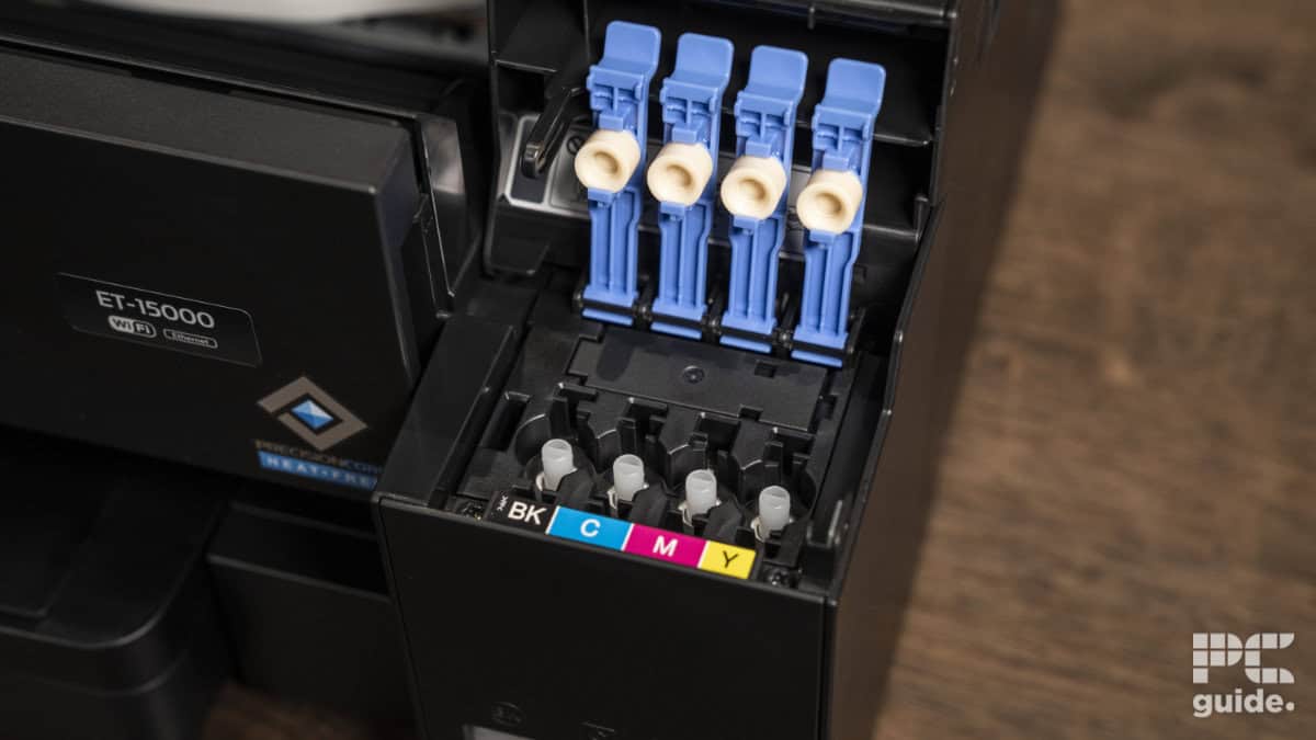 Epson ET-15000 Printer ink tank ports, Image by PC Guide