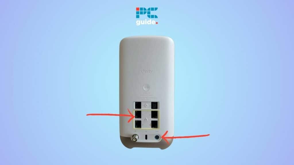 Internet modem with labeled ports against a blue background, blinking white.