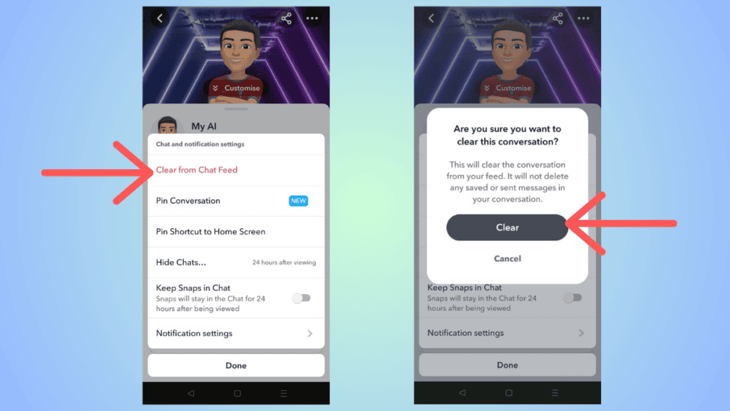 screenshot from snapchat showing how to clear my ai from chat feed