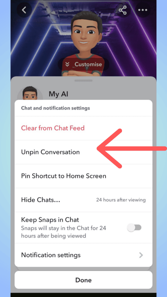 Screenshot from Snapchat showing how to unpin conversations