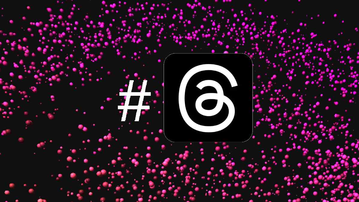 Are there hashtags on Threads? No, not yet. Image shows hashtag sign next to Threads logo on a black background with orange bubbles