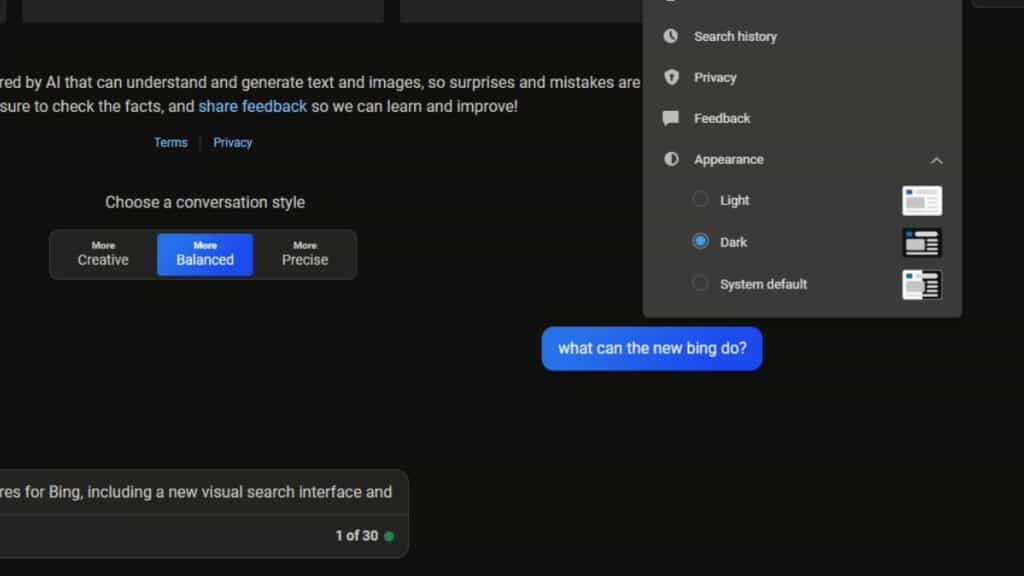 Bing Chat dark mode