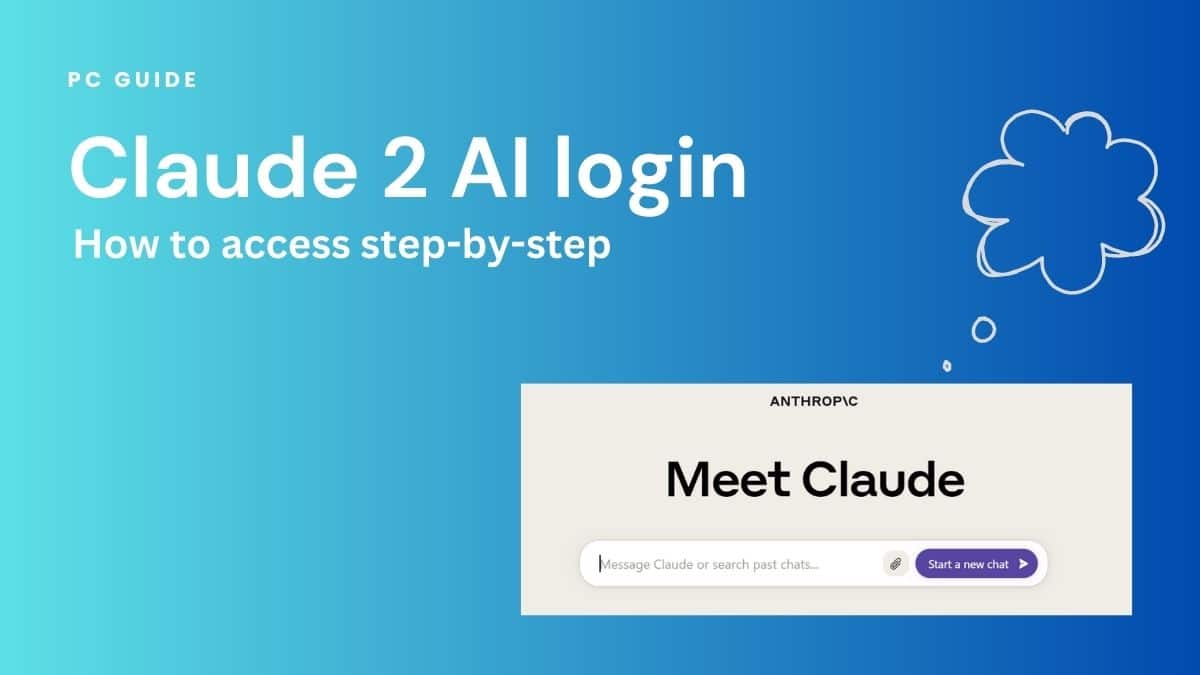 Claude 2 AI login - how to access step-by-step. Image shows the text "Claude 2 AI login - how to access step-by-step" above a snippet from the Claude website, on a blue gradient background.