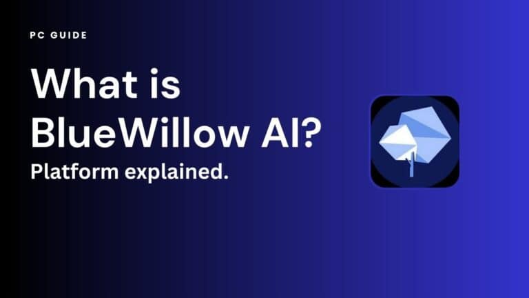 What is BleuWillow AI? Platform explained. Image displayes text "What is BluwWillow AI?" with the BlueWillow logo on the right hand side, on a dark blue gradient background.